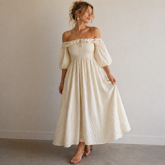 Vici Dresses & Skirts - WHITE XS Swiss Dot Smocked Off Shoulder Maxi Dress Cottagecore Boho Prairie